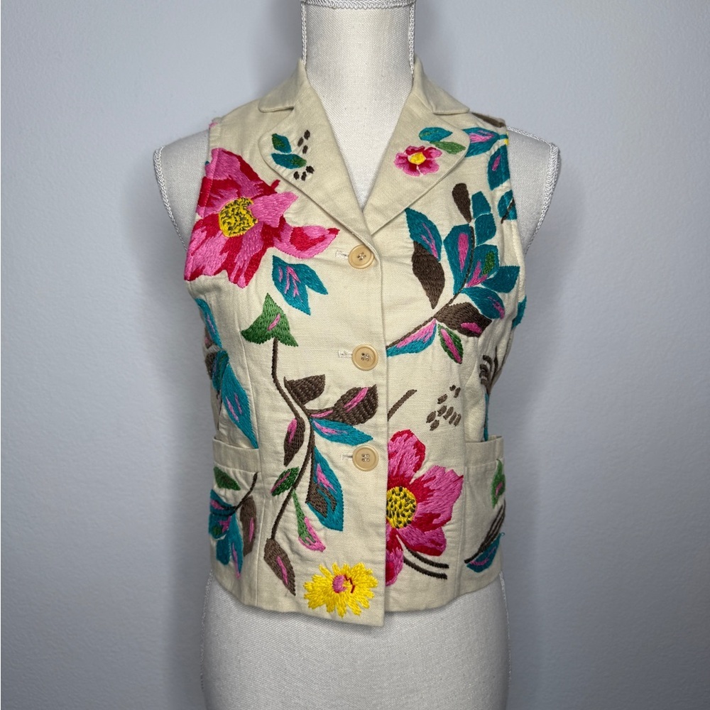 BCBGMaxAzria Floral Embroidered Linen Cotton Notched Collar Vest Size XS